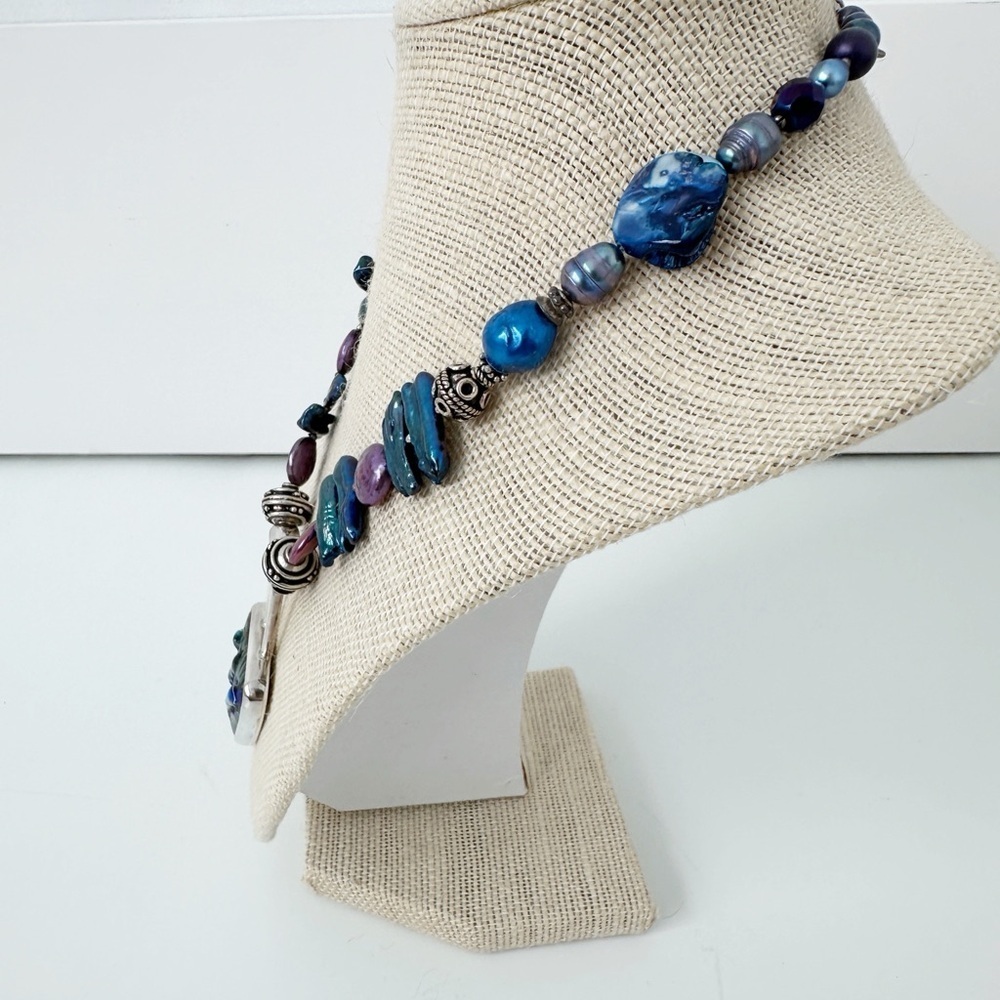 Genuine Sterling Silver Necklace, Blue & Pink Pearls, Dichrioc Glass Pendant - Picture 7 of 11